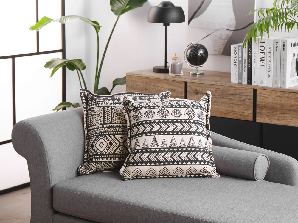 Set di 2 cuscini Fodera in cotone beige e nero con imbottitura quadrata 45 x 45 cm boho motivo rustico decorativo