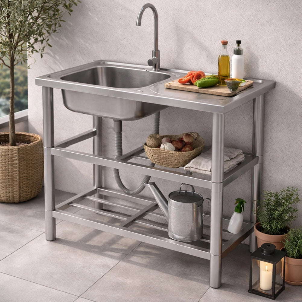 Lavello Cucina da Esterno 75x40x80cm Rubinetteria e Kit Sifone e 2 Ripiani in Acciaio Inox