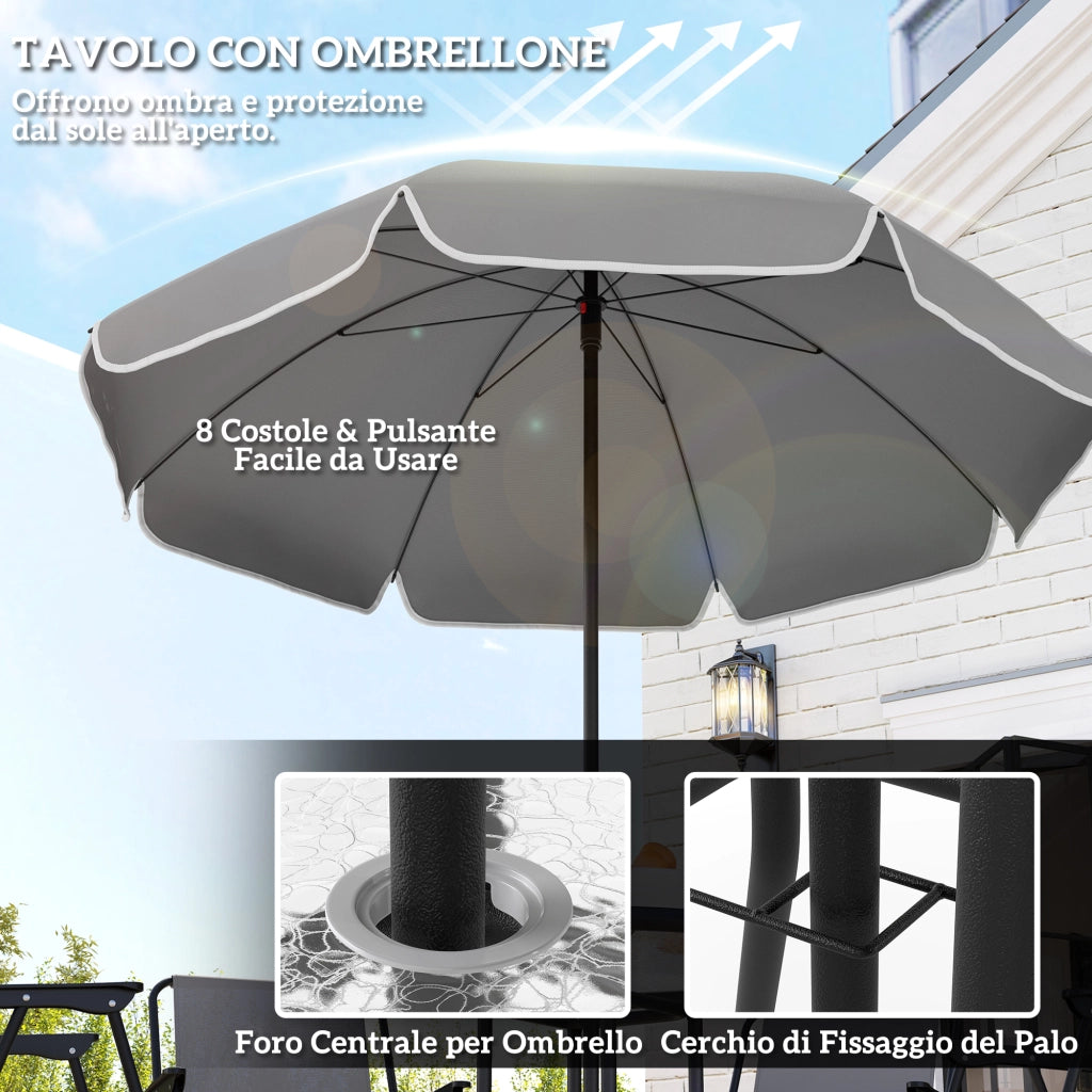 Set da Giardino 6 Pezzi in Acciaio con 4 Sedie Pieghevoli, Ombrellone e Tavolo Rotondo, Grigio e Nero