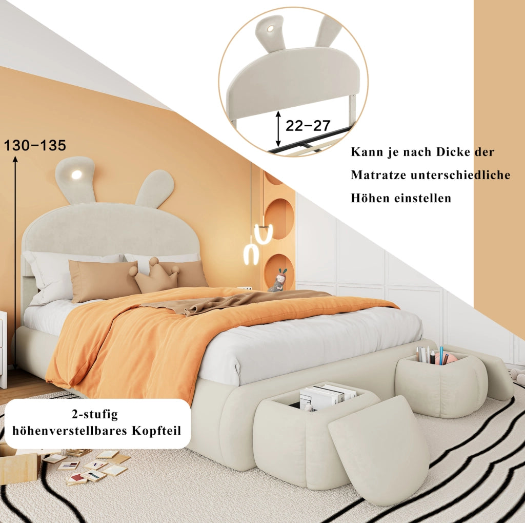 Letto imbottito con LED e contenitore beige 140x200 cm