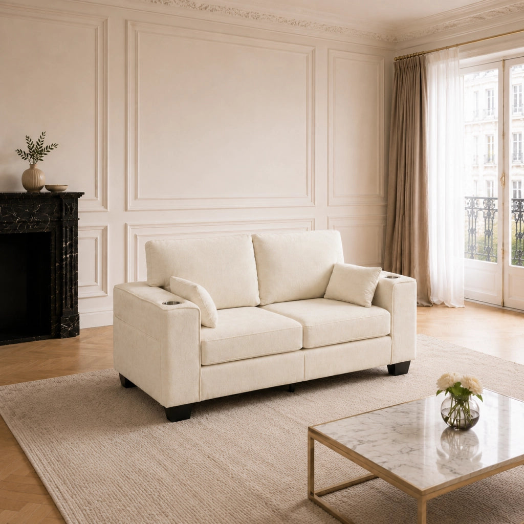Divano lineare - con portabicchieri e tasche laterali - in chenille beige - 182 cm
