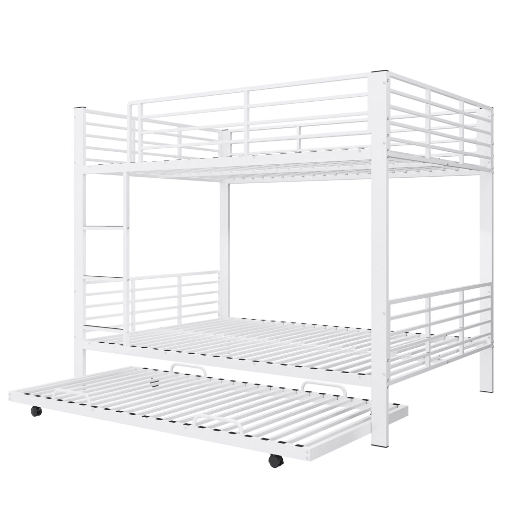 Letto a castello 205x145x170 cm per 3 persone con letto estraibile e barriera di sicurezza in metallo bianco opaco