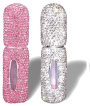 Set di atomizzatori per profumo, 5 ml ciascuno, confezione da 2, bianco e rosa, decorato con pietre stucco scintillanti, atomizzatore portatile sottile per viaggio, atomizzatore mini riutilizzabile, adatto per profumi e oli essenziali.
