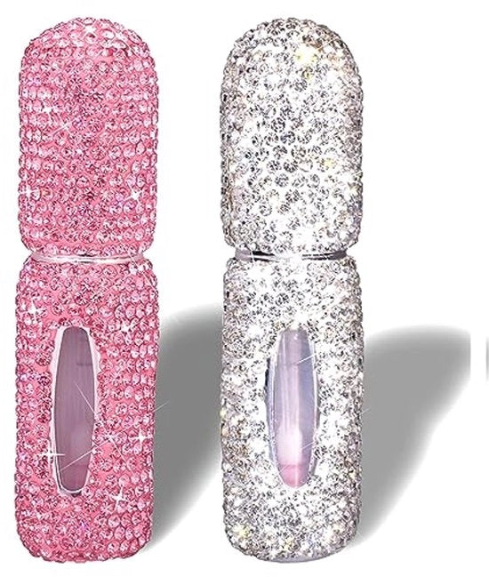 Set di atomizzatori per profumo, 5 ml ciascuno, confezione da 2, bianco e rosa, decorato con pietre stucco scintillanti, atomizzatore portatile sottile per viaggio, atomizzatore mini riutilizzabile, adatto per profumi e oli essenziali.