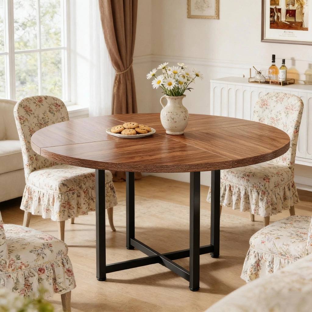 Tavolo da pranzo rotondo in metallo e legno, diametro 120 cm, stile industriale