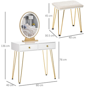 Consolle Trucco 2 Cassetti 80x40x136 cm con Specchio e Sgabello Bianco