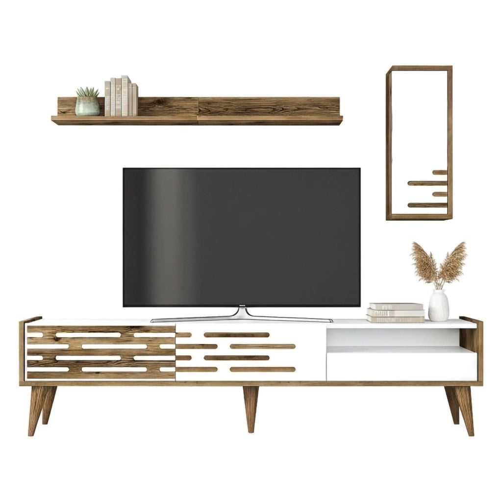 Mobile porta TV Upana, Credenza da soggiorno, Armadio basso per TV, Base parete attrezzata, 180x45h35 cm, Bianco e Noce