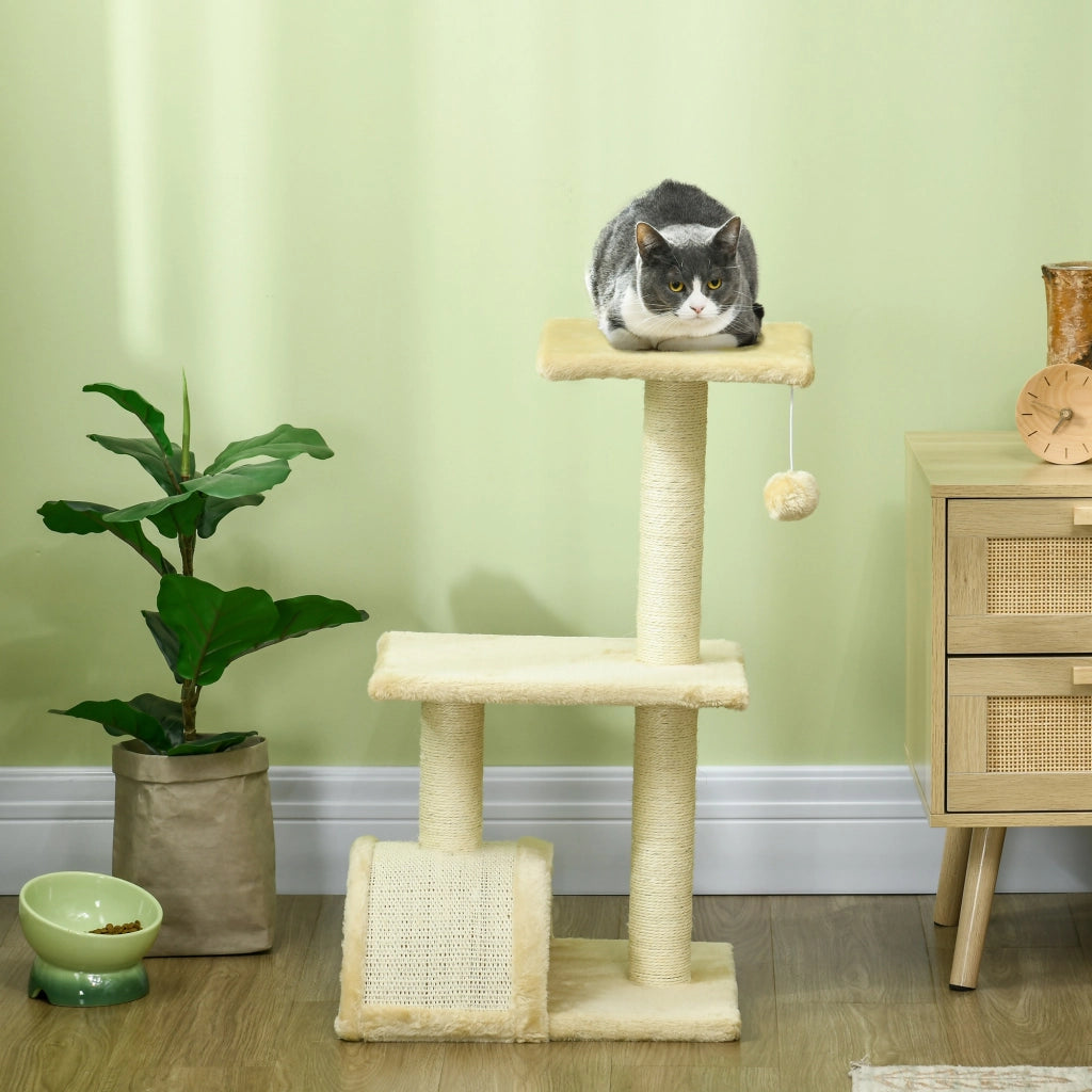Tiragraffi per Gatti a 3 Livelli con Peluche e Sisal ¨C zephmum ¨C Crema 40x35x72 cm