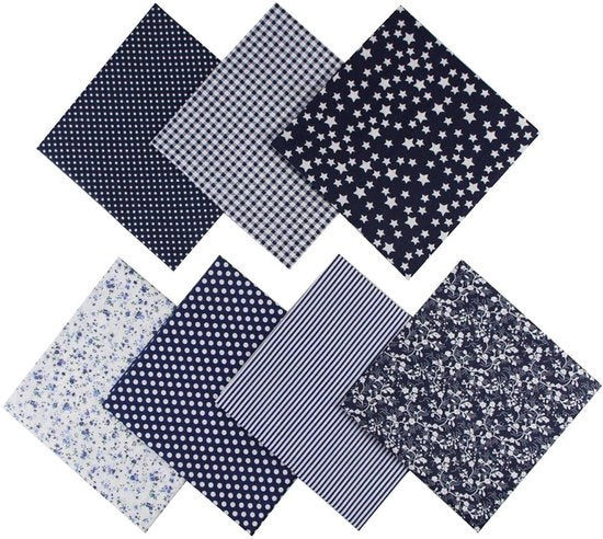 Set di 7 quadrati di stoffa in cotone 50 x 50 cm per patchwork per cucire, cucire, decorazione e artigianato, stoffa in cotone pura con diverse stampe (blu marino)