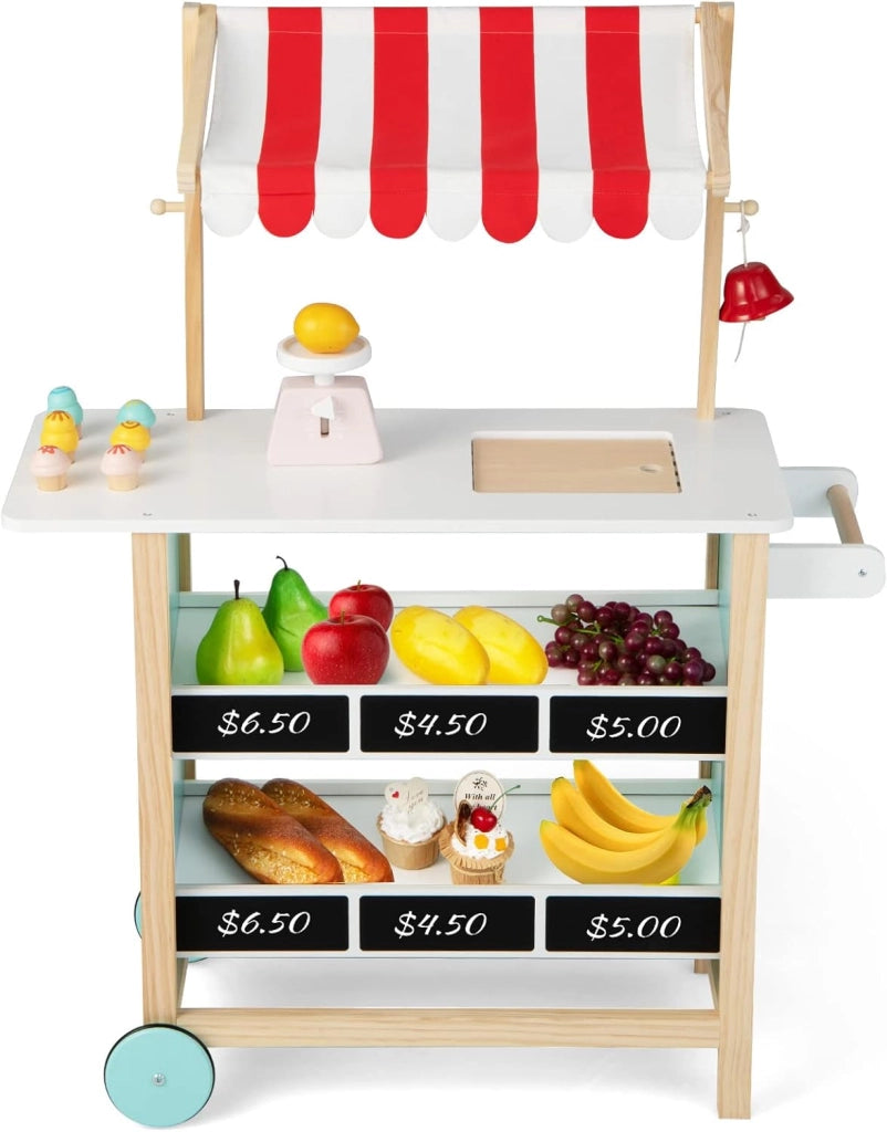 Carretto dei Gelati in Legno per Bambini, con 6 Gelati Giocattolo, Bilancia a Forma di A, Campanello Funzionante, Gelateria per Bambini + 3 Anni, 79 x 29 x 100 cm (Bianco)