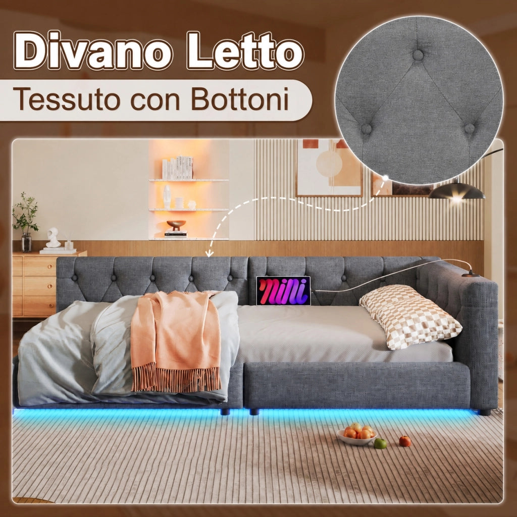 Divano letto singolo 90x200 cm; rete a doghe con LED; lino e MDF; grigio