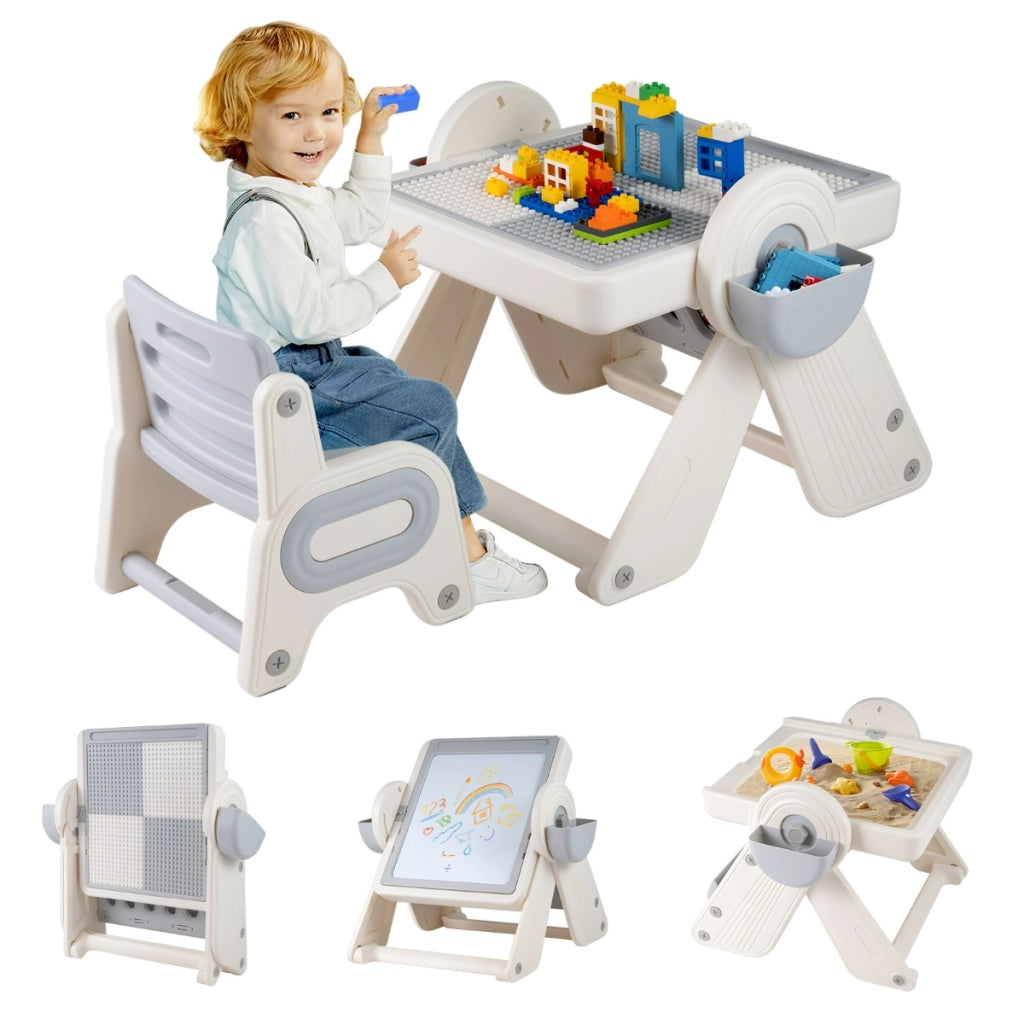 Set tavolo e sedia multifunzione 6 in 1 per bambini 18+ Mesi, Cavalletto pieghevole con piano reversibile e porta penne Grigio-Tavoli e sedie