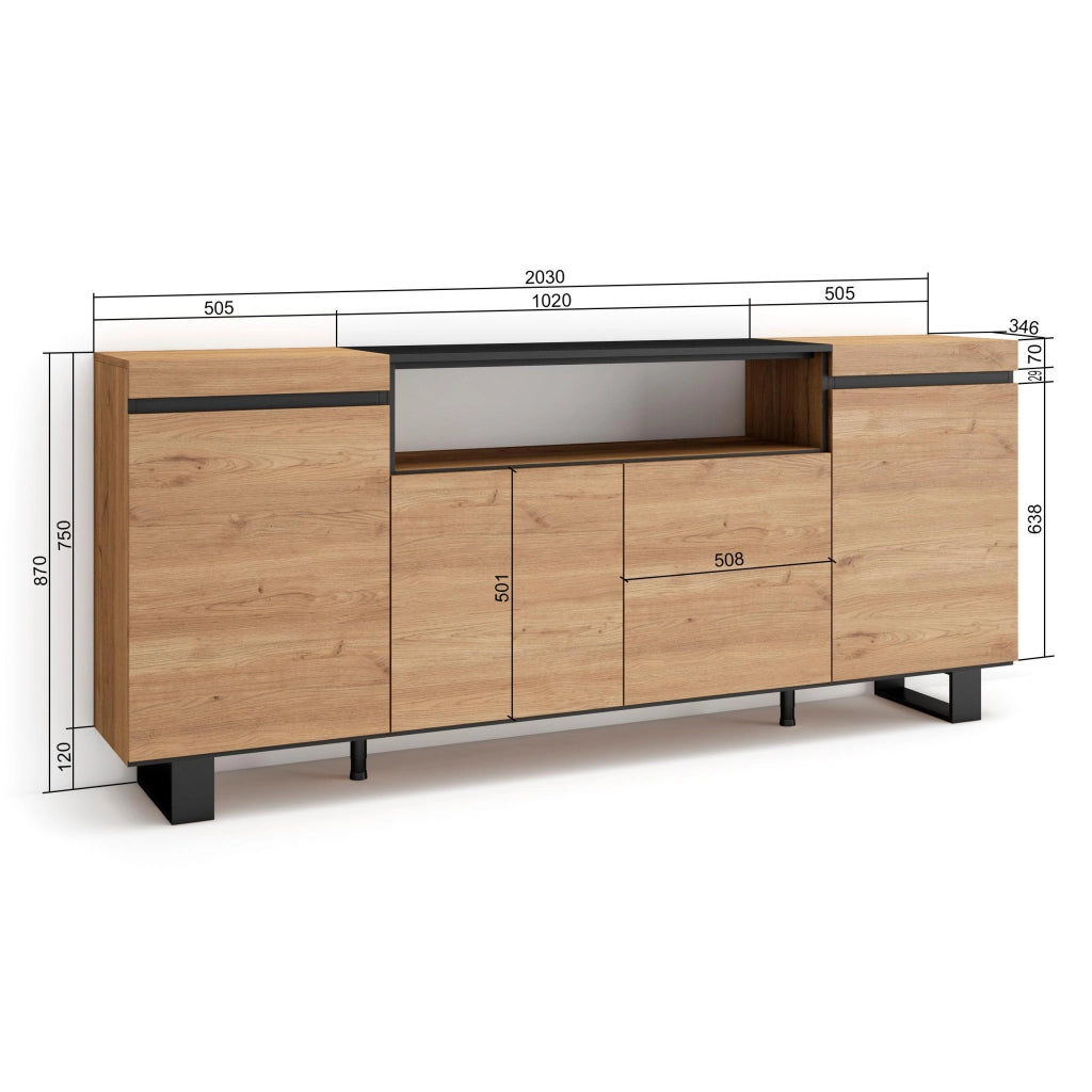Credenza, Mobile, 200x35x87cm, 4 Porte, Design industriale, colore Rovere e nero RF2281