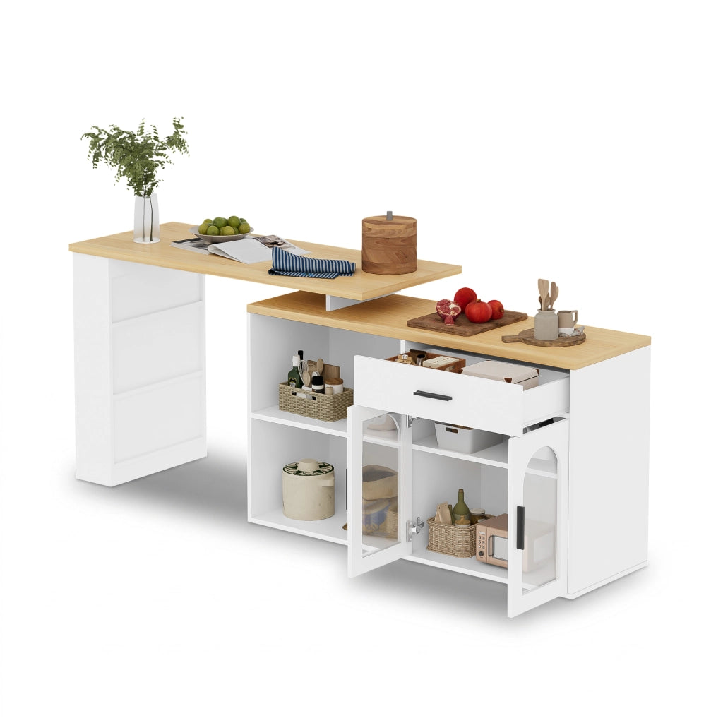 Isola da Cucina 136x50x78 cm Bianca e Rovere con Tavolo Girevole 360°, Cassetto e Ripiani