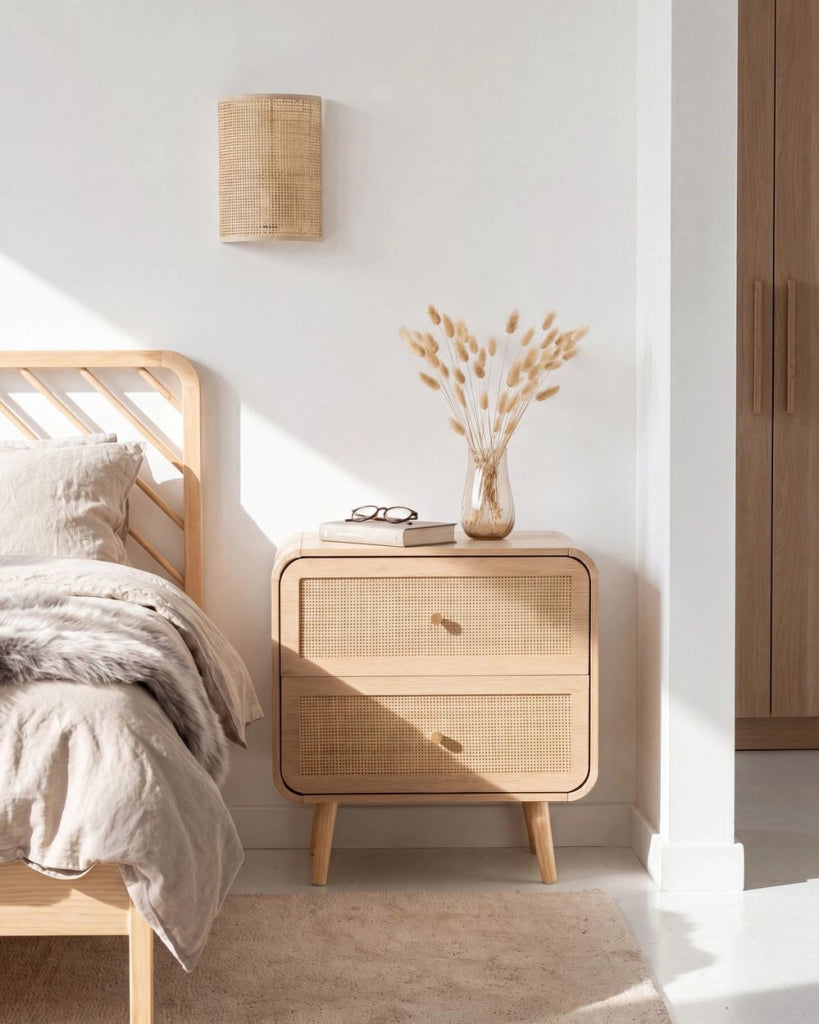 Comodino in truciolato marrone chiaro, 2 cassetti, con gambe in legno e frontali in vimini, per camera da letto e soggiorno