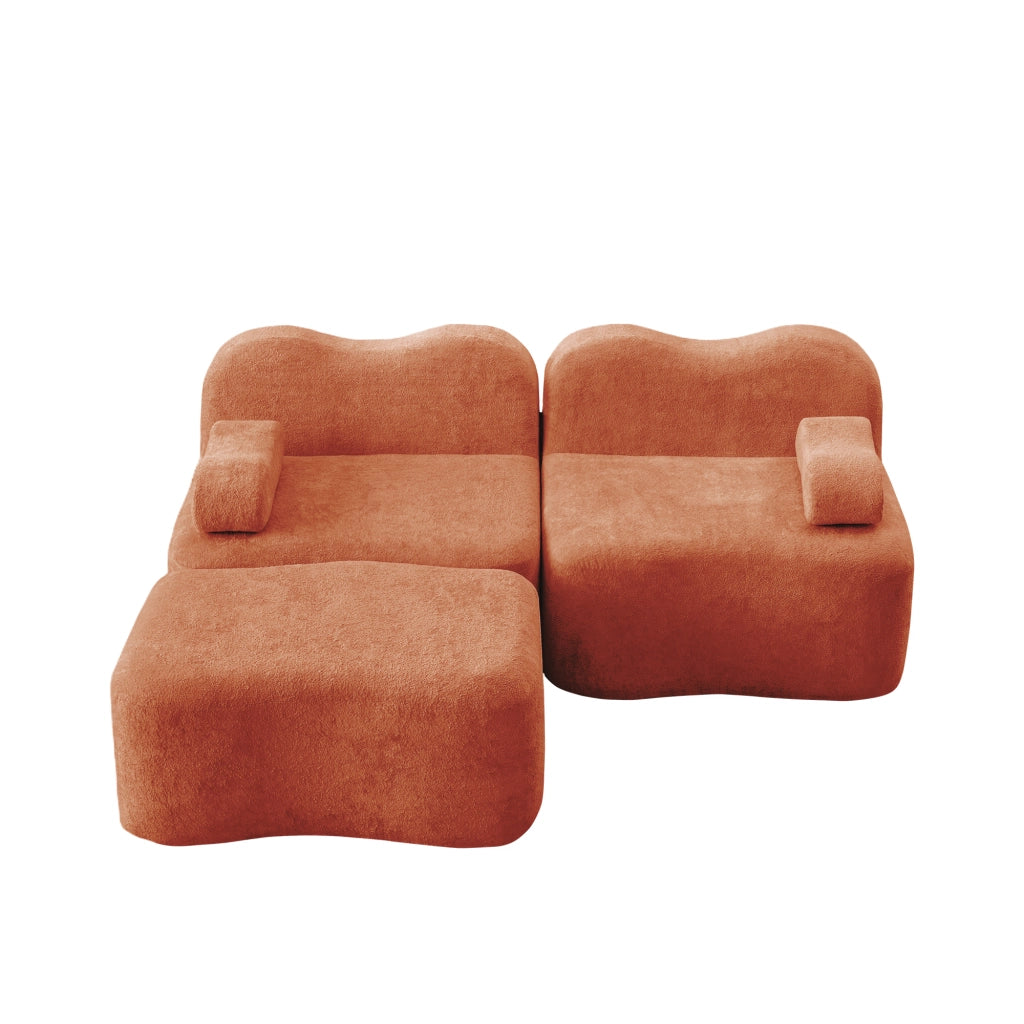 Divano angolare modulare 2 posti con pouf schienale ondulato bracciolo mobile senza montaggio in velluto arancione