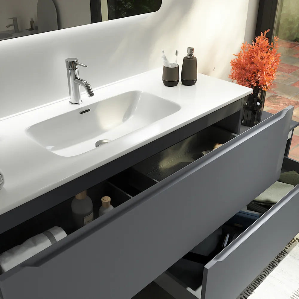 Mobile bagno sospeso modulare 90 cm grigio opaco due cassetti con lavabo | Bako