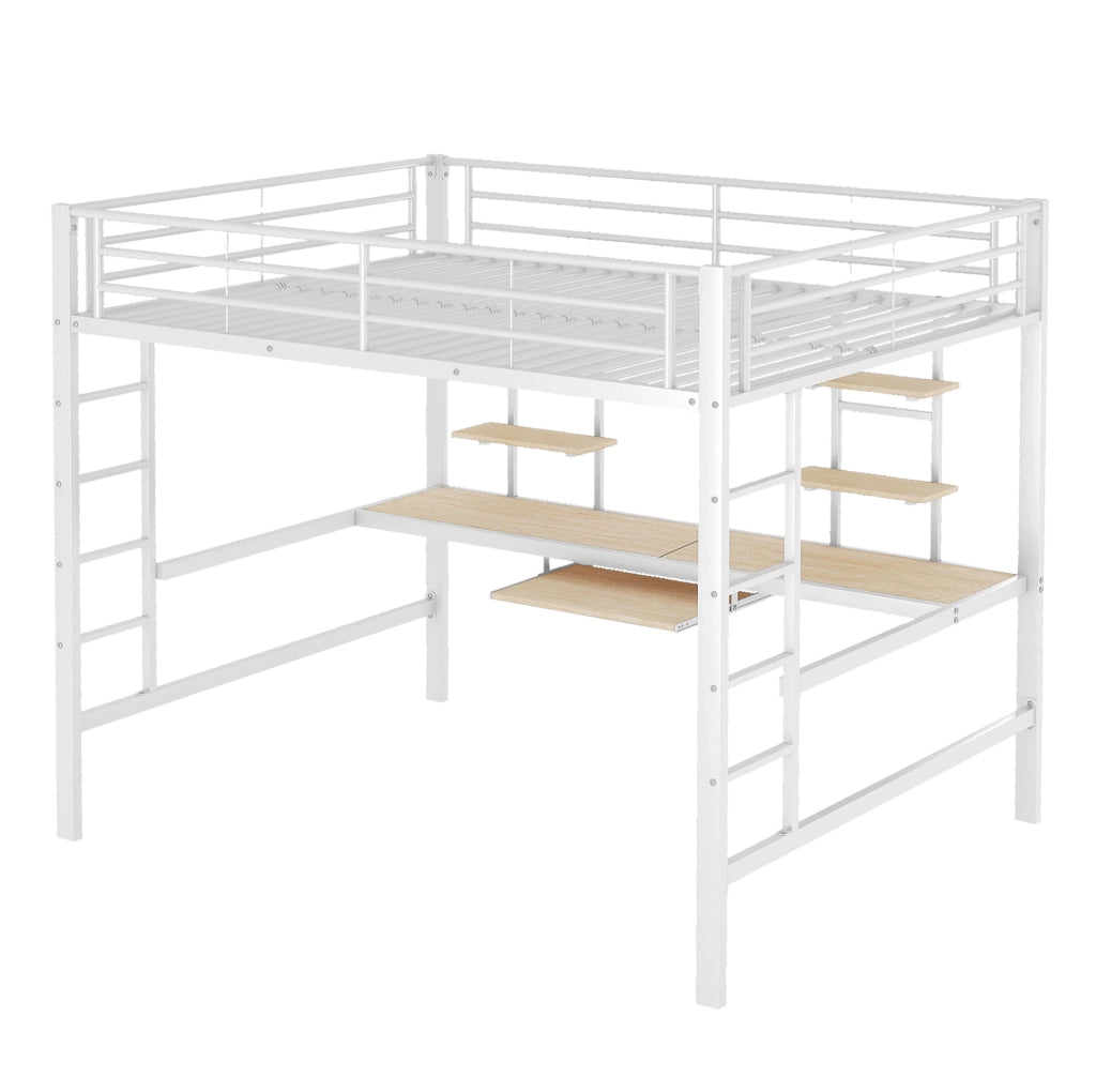 Letto a soppalco in metallo con scrivania e librerie, bianco, 140x200 cm