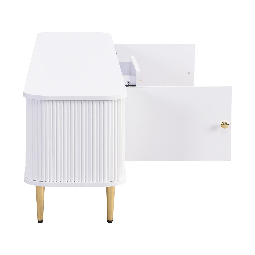 Mobile TV 170x34x45 cm; angoli arrotondati e lati ondulati; 2 cassetti e 2 ante; MDF bianco