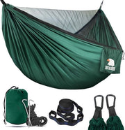 Hangmat Outdoor Ultralight con Rete Antizanzare, Secche in Breve, Materiale Parachute Nylon per Campeggio, Escursioni, Viaggi, Spiaggia, Giardino - Capacità 350 KG (Verde)