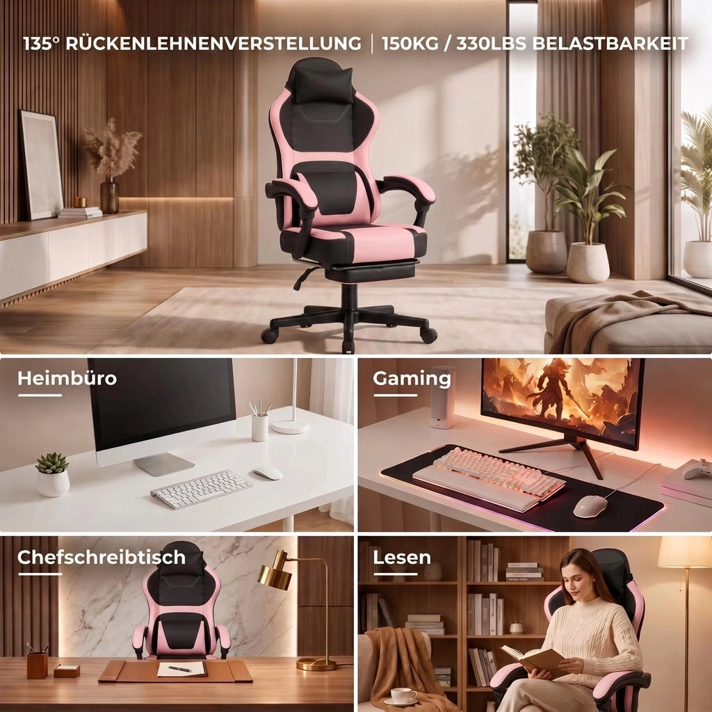 Sedia da ufficio gaming con tasca posteriore, cuciture curate e cilindro pneumatico a tre livelli in pvc rosa baby