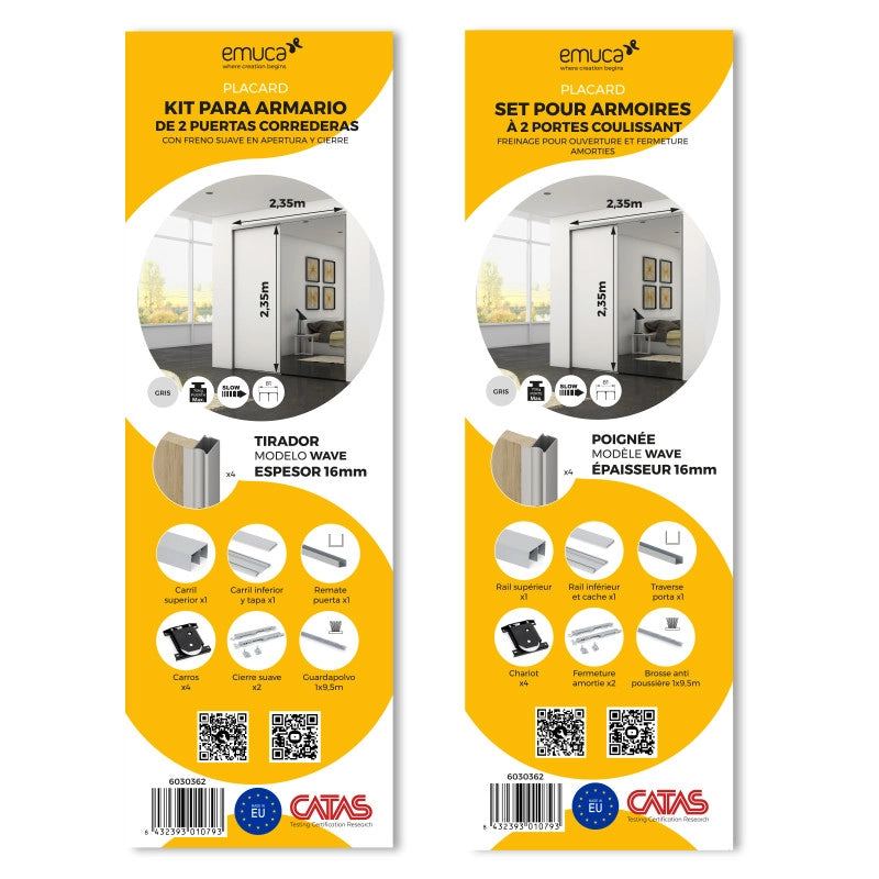 Kit di ferramenta per armadio a 2 porte scorrevoli e chiusura ammortizzata Placard 81, profilo Wave, spessore 18 mm, p..