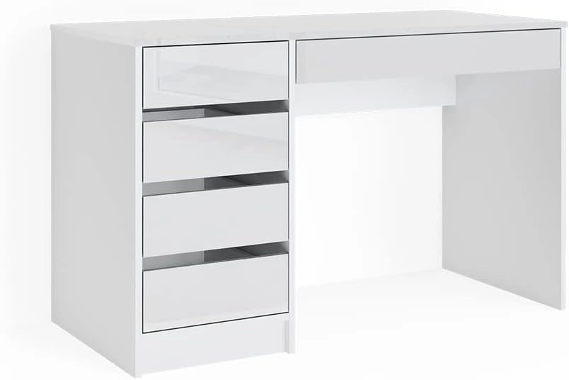 Tavolo da toeletta Sherry, Bianco lucido, 120 cm, 5 cassetti per diverse esigenze di conservazione