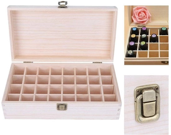 Olii Eteriche Cassa in Legno - 32 Uova - Scatola di Archiviazione con Coperchio - Aromaterapia - Protezione dalla Luce Solare - Legno di Abete Manuale