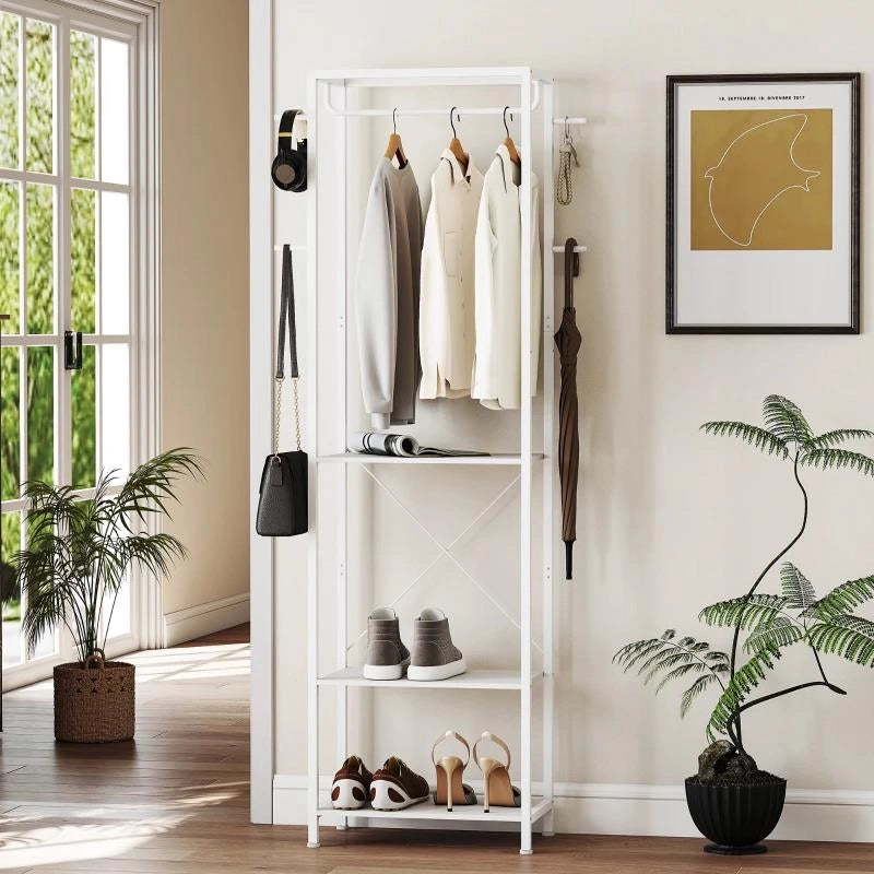 APPENDIABITI CON SCARPIERA A 2 LIVELLI, BARRA APPENDI ABITI, 4 GANCI, MENSOLA SUPERIORE, 52X30X180 CM, BIANCO