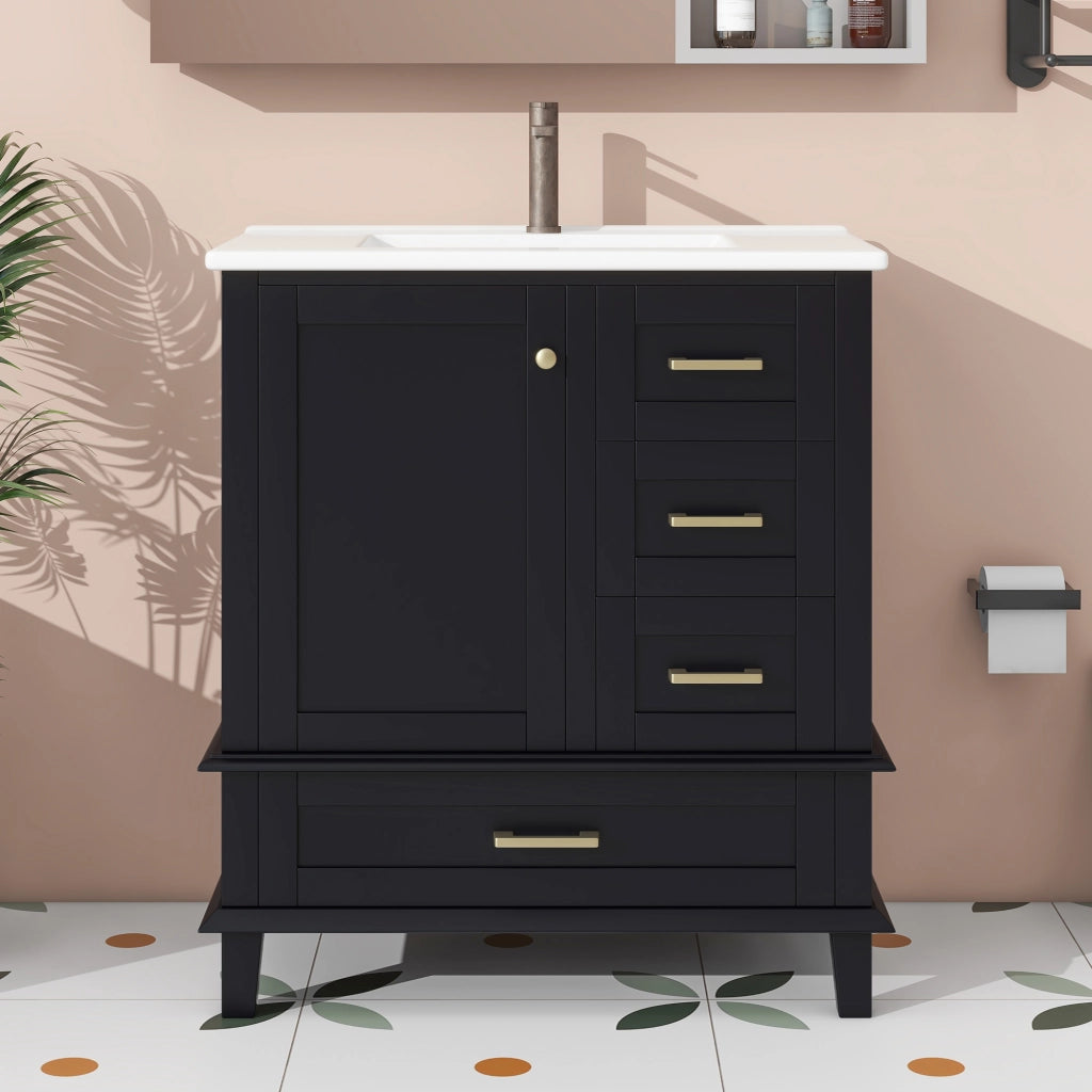 Mobile bagno freestanding con lavabo in ceramica integrato, nero, 76x45,5x83,5 cm