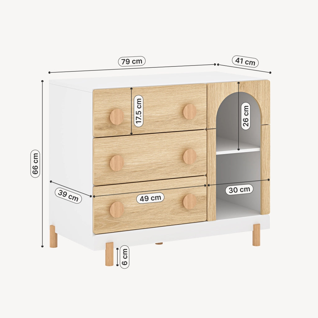 Cassettiera Vaarentaa per Cameretta con 3 Cassetti e 2 Vani Aperti 79x41x66 cm - Bianco/Effetto Rovere [en.casa]