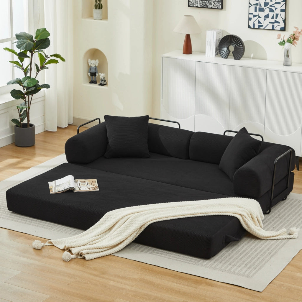 Divano letto trasformabile a 3 posti in velluto a coste nero 200x95x75 cm