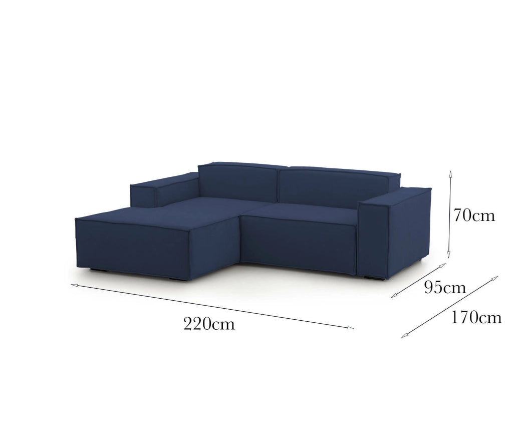Divano fisso Alhoa, Divano componibile a 2 posti con penisola sinistra, Made in Italy, SofÒ  moderno in tessuto, Cm 220x170h70, Blu