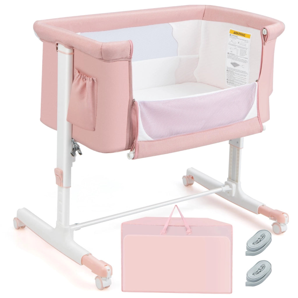 Culla per bambini 3 in 1 con 5 livelli di altezza regolabili borsa da viaggio, Traversina per bambini Rosa