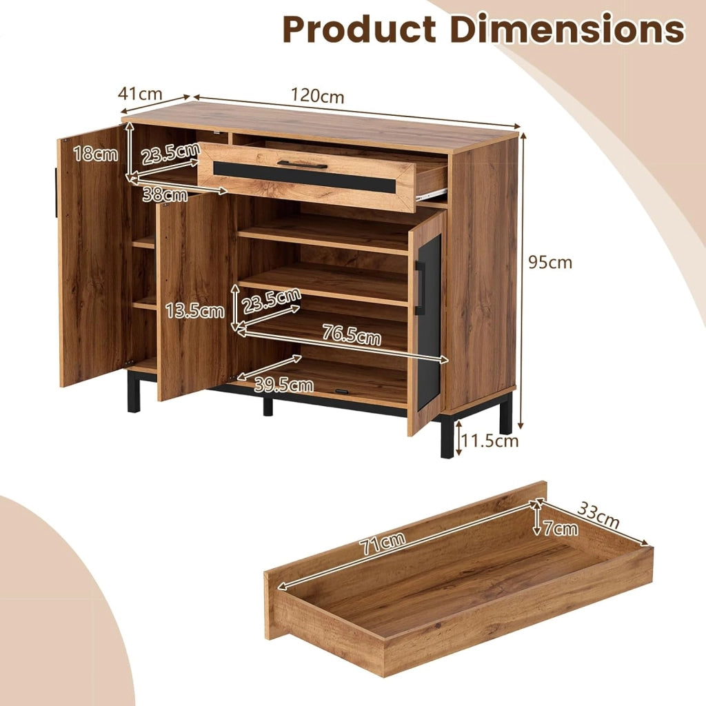 Credenza Buffet da 120 cm, Mobile Bar in Legno con Cassetto, 3 Ante, Ripiani e Gambe in Metallo, Mobile Contenitore in Stile Farmhouse per Cucina, Sala da Pranzo e Soggiorno