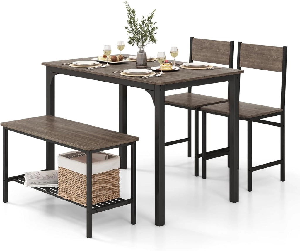 Set Tavolo e Sedie da Pranzo, Sedie Tavolo da Pranzo, Tavolo da Pranzo in Legno, con 2 Sedie e 1 Panca, Design Industriale e Struttura Resistente, Adatto a Sala da Pranzo (Caffe)