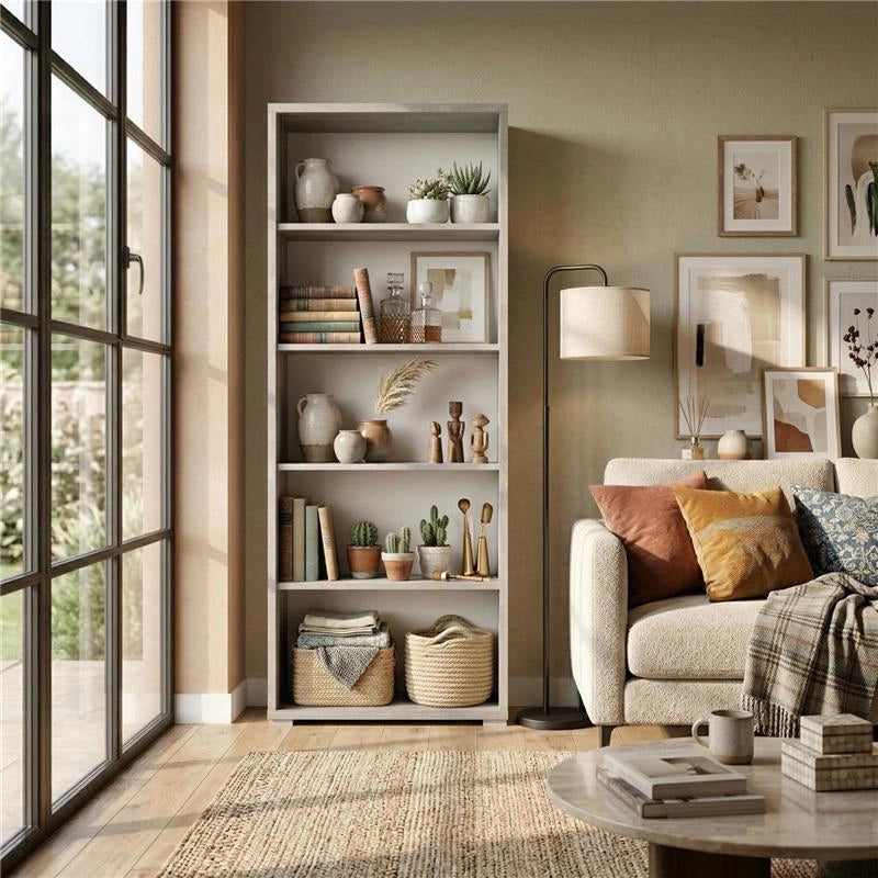 LIBRERIA A GIORNO DA ARREDO IN LEGNO CON 5 RIPIANI 182X71X41 CM COLORE CEMENTO