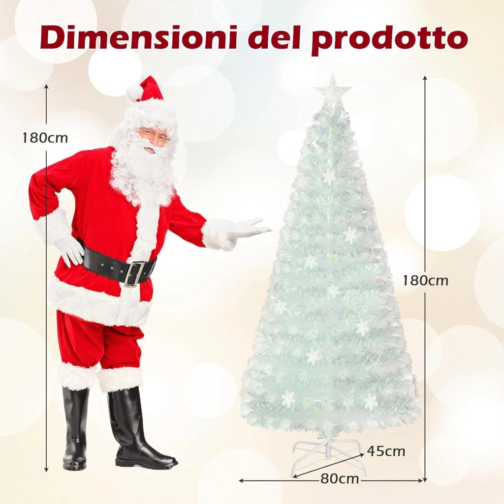 Albero di Natale Pre-illuminato in Fibra Ottica da 120/150/180cm, Albero di Natale Bianco con Foglie Iridescenti, Luci a LED a Fiocco di Neve Multicolore, Luce Superiore a Stella (180 CM)