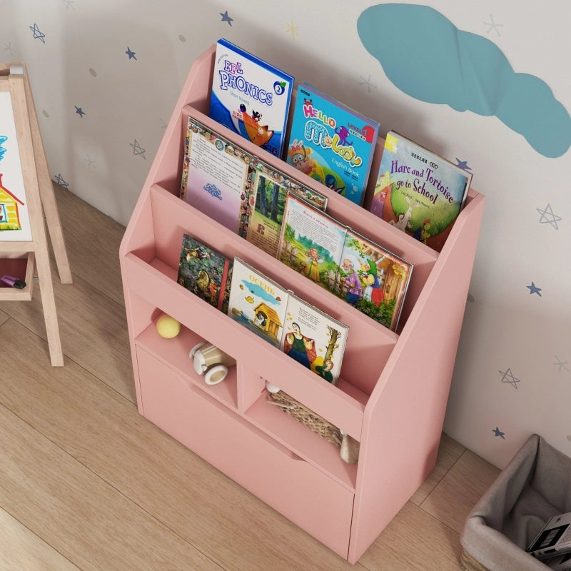 Libreria per bambini con cassetto e vani portaoggetti, rosa, 60 x 29,9 x 90 cm
