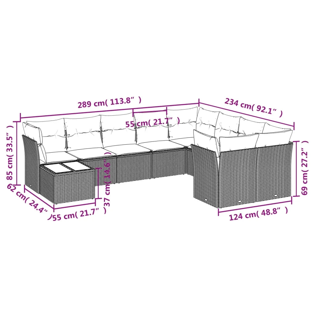 Set Divani da Giardino 10pz con Cuscini in Polyrattan Nero 3250024