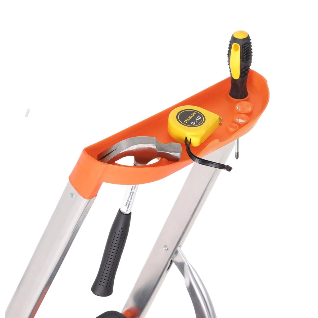 Scala a pioli in alluminio a 4 gradini larghezza gradini 12 cm pieghevole con vassoio portautensili piedini antiscivolo portata 150 kg nera 12_0001919