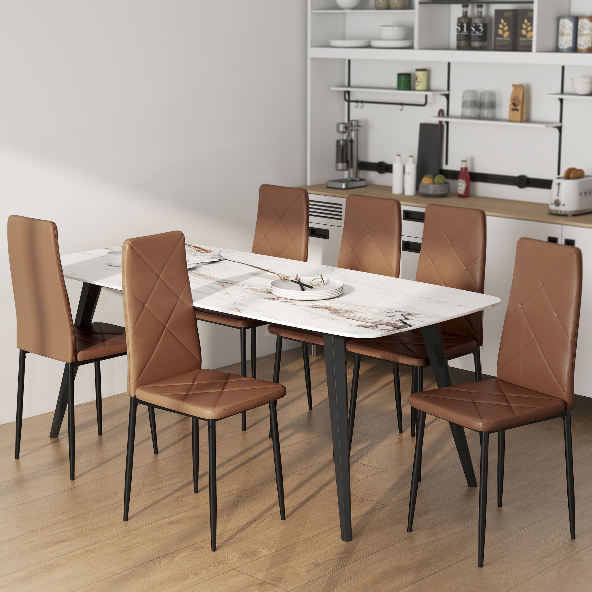Set di 6 Sedie da Pranzo Moderne 41x50x97 cm con Schienale Alto in Finta Pelle e Acciaio Marrone