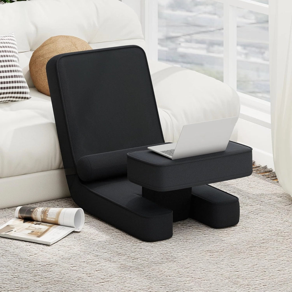 Sedia da Terra Pieghevole, Poltrona Relax Imbottita con Schienale e Poggiapiedi Regolabili, Sedia da Pavimento con Tavolino e Cuscino, per Soggiorno e Camera da Letto