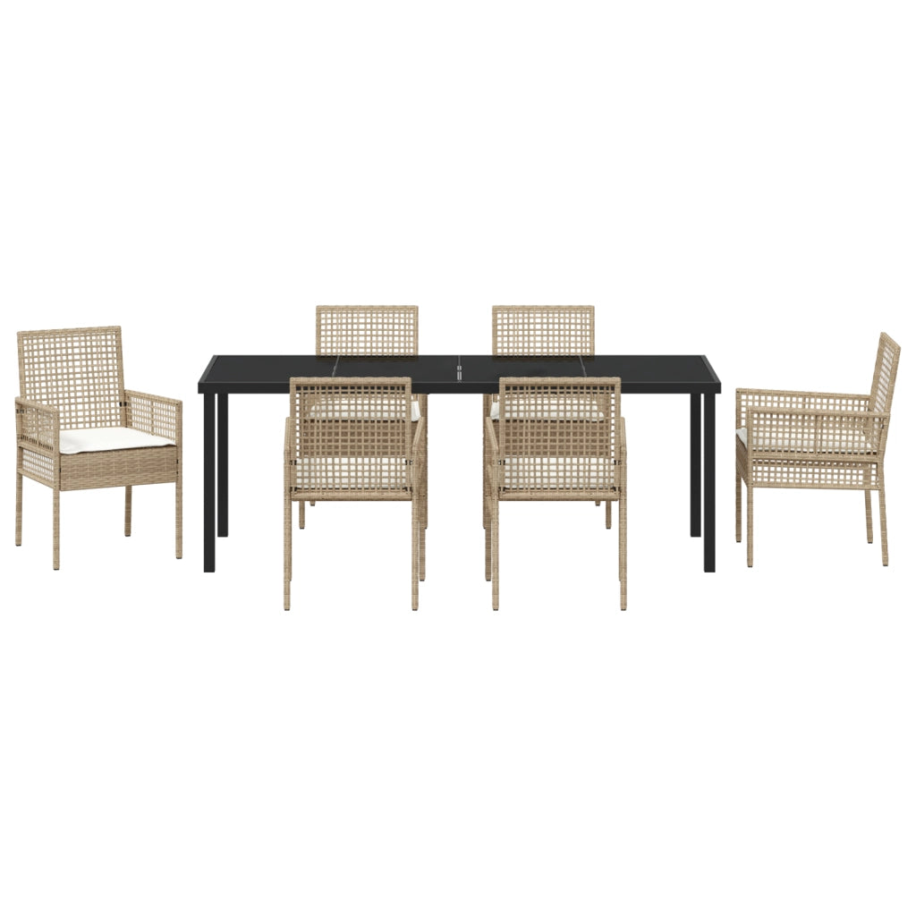 Set da Pranzo Giardino 7 Pezzi con Cuscini Beige Poly Rattan