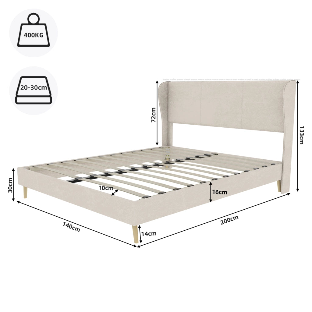 Letto Matrimoniale 140x200 cm in Tessuto e Metallo; Beige - Testiera Imbottita