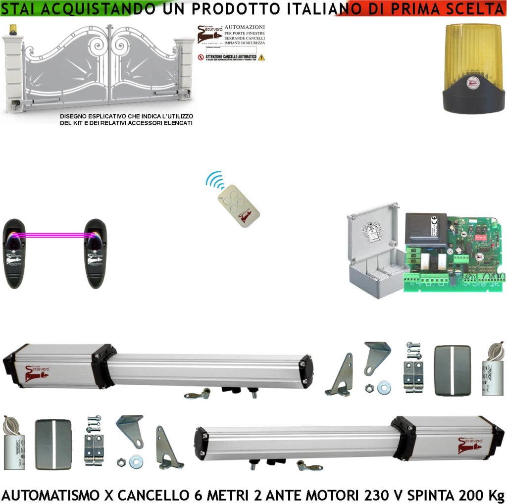 Automatismo Cancello 6 Metri 2 Ante da 3,0 MT Kit Base Automazione 2 Motori Elettromeccanici 230V Spinta 2 Q.li Staffe 2 Chiavi Sblocco Centrale Comando Radiocomando Faro Fotocellule Cartello Monitore