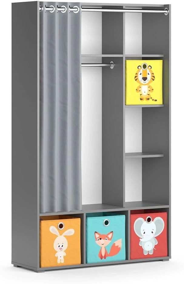 Guardaroba per bambini Luigi, Grigio, 105.8 x 178.1 cm Con scatole pieghevoli (colorate), combinabile con altri mobili della serie Luigi