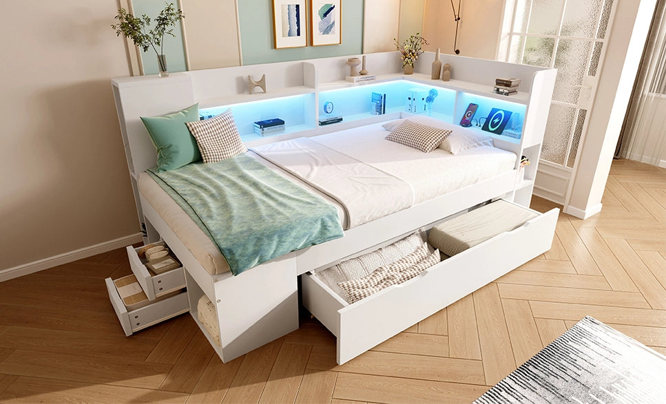 Letto giorno 90x200 cm bianco con LED, USB e Type-C, con cassetti, ripiani e materasso incluso