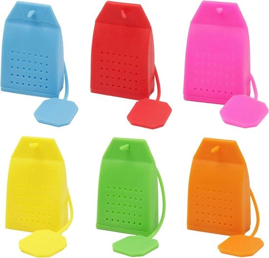 Set di 6 sacchetti in silicone per filtro a teiera, filtro per tè in sacchetti per uso singolo, sacchetto per tè riutilizzabile per tè in sacchetti, set di setole per tè in silicone per tazze, tazze (6 colori)