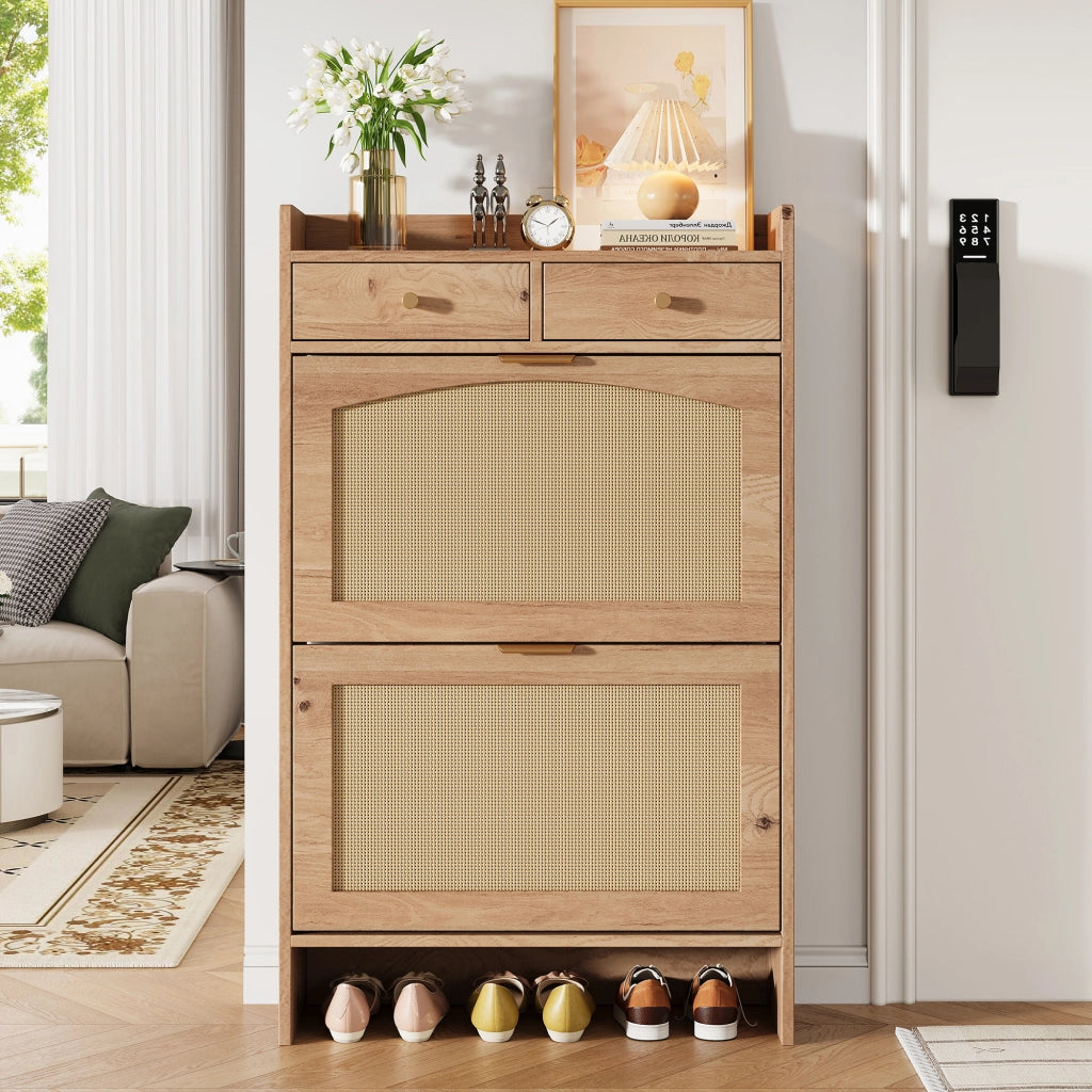 Scarpiera con 2 vani ribaltabili e 2 cassetti - per ingresso - 65x25x106 cm - naturale
